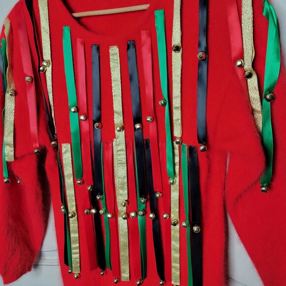 VTG Rafaella Angora Rabbit Wool Holiday Christmas Ribbon Jingle Bell Sweater✨️M - Picture 3 of 14